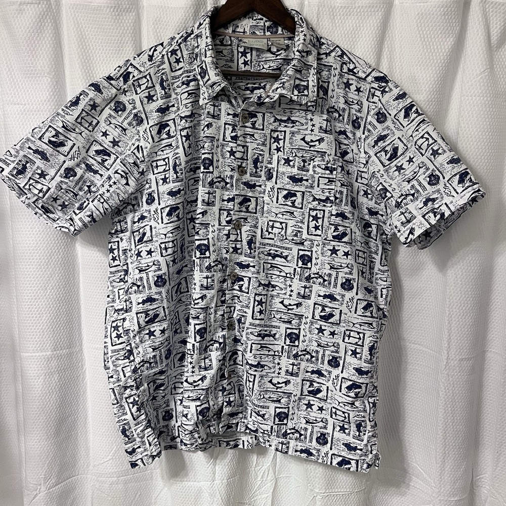 Island Shores Men's Hawaiian Shirt Size L Short Sleeve Button Up 100% Cotton EC‎